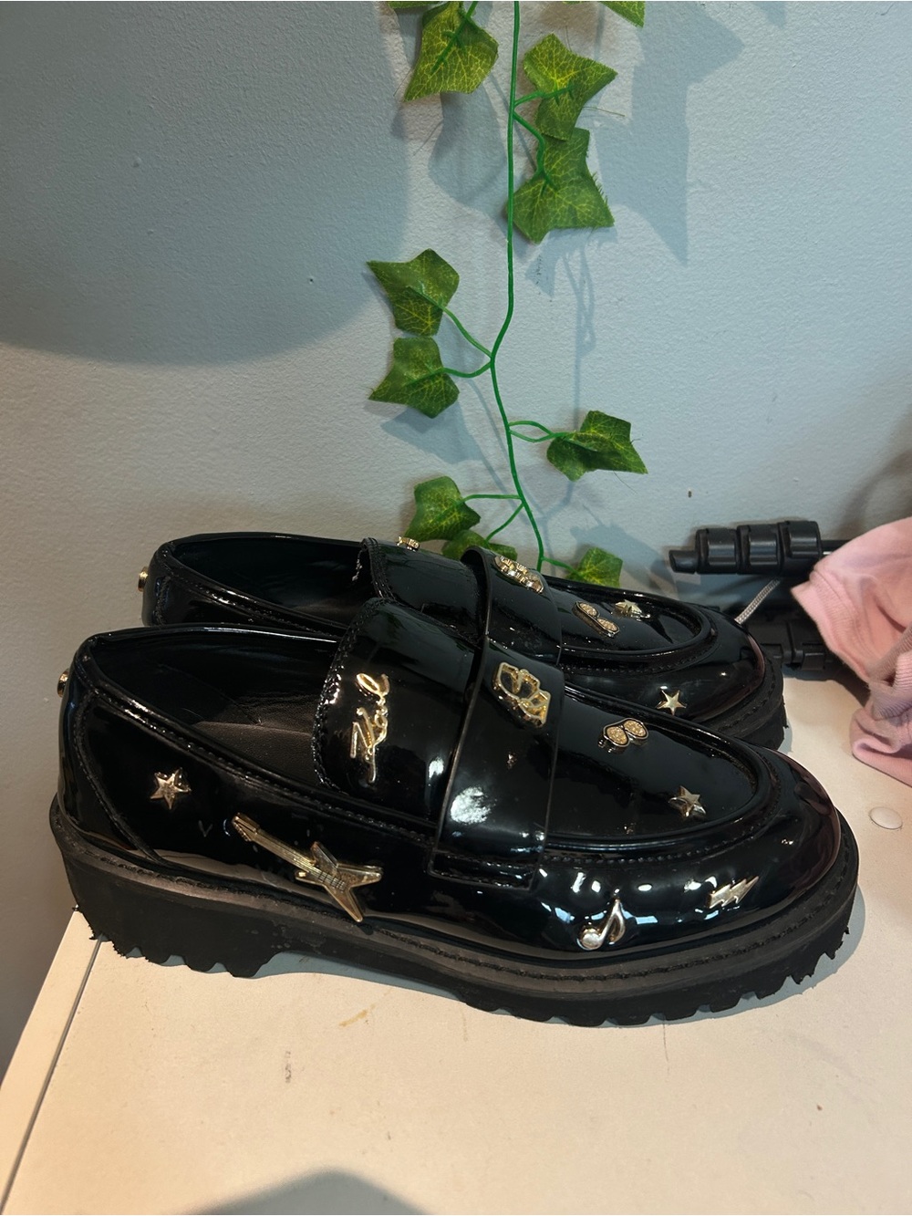 Karl Lagerfeld Black Patent Loafers with Gold Hardware